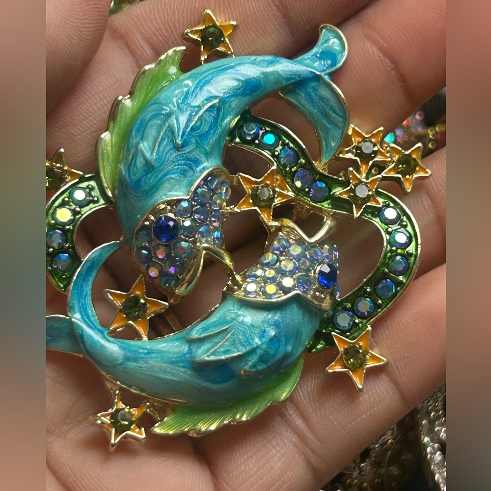 Blue Enamel Dolphin Starburst Brooch - Artistic Women's Jewelry